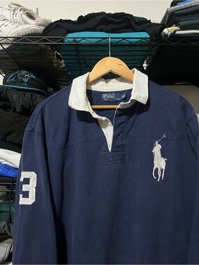 Ralph Lauren Navy Rugby Shirt with White Collar & White Logo